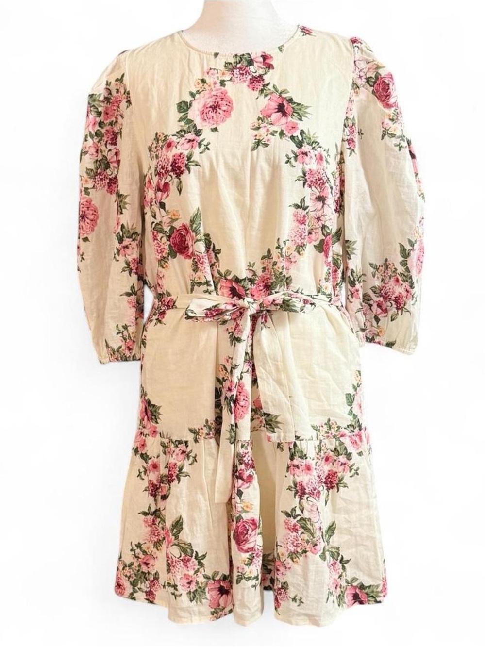 NWT Olivaceous Linen Blend Floral Dress Small Cottagecore Belted